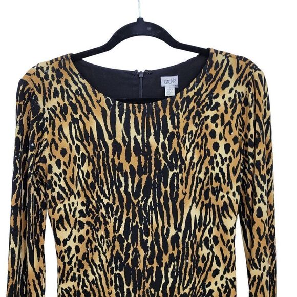 Vintage 80's Cache Mini Dress 2 Black Animal Leopard Long Sleeve Tunic Shift Mod - Picture 7 of 12